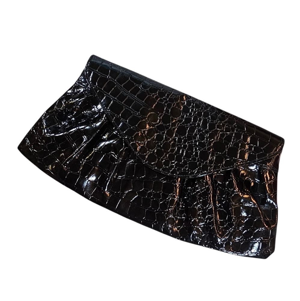 Black Faux Leather Crocodile Embossed Women's Clutch Handbag / Purse - EUC